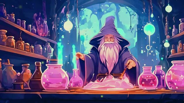A wizard brewing potions in a mystical laboratory filled with bubbling cauldrons and glowing crystals, 4k High-Quality anime-style animation video