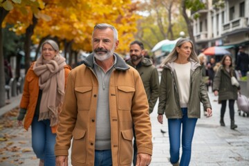Portrait of a senior man with his family walking in the city.