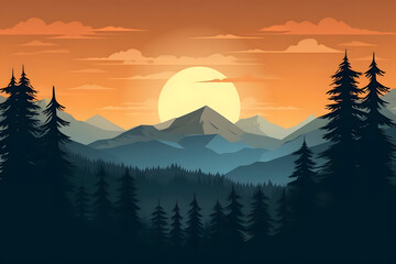 Sun kissed Peaks, Pine Trees Silhouette, Realistic Mountains Landscape. Vector Background