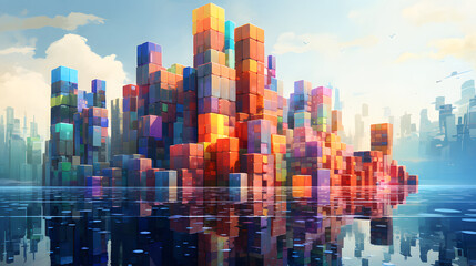 Digital colorful shiny blocks city abstract art design graphic poster web page PPT background