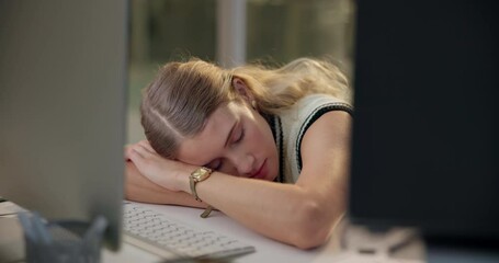Night, office and tired woman sleeping on keyboard with pressure, stress or mental health disaster. Business, fail and girl consultant with burnout, fatigue or exhausted by working late or deadline