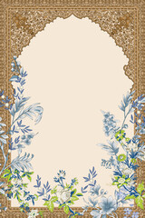 Mughal decorative arch. Islamic Floral geometric pattern frame for invitation