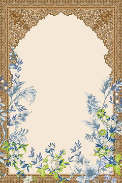 Mughal decorative arch. Islamic Floral geometric pattern frame for invitation