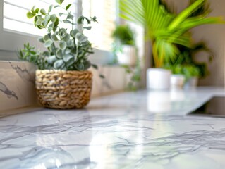 A soft-focused kitchen counter adorned with potted plants creates a tranquil home atmosphere