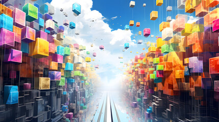 Digital colorful shiny blocks city abstract art design graphic poster web page PPT background