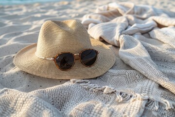 Girl with sunglasses, a straw hat, and a beach towel arranged. Generative Ai - obrazy, fototapety, plakaty