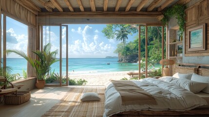 Open and airy beach bungalow bedroom with direct views of the turquoise ocean and surrounding greenery