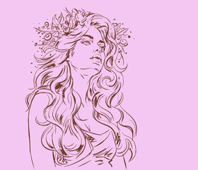 long hair girl with flowers digital art for card decoration illustration