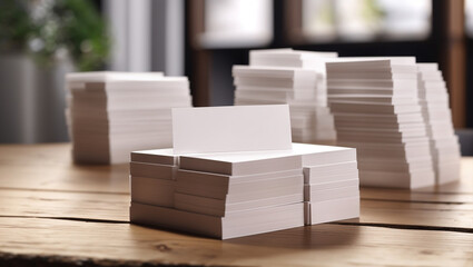 There are two stacks of white card on a wooden table.