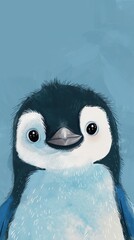 A painting of a little penguin on a blue background