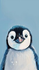 A close up of a penguin on a blue background