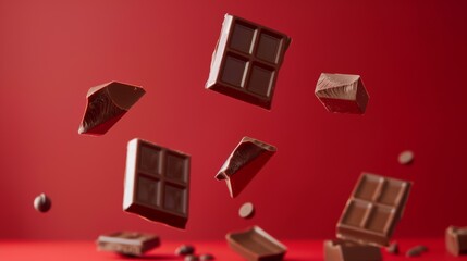 A bunch of chocolate pieces falling off of a red surface