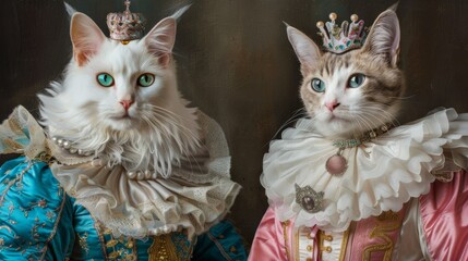 Two cats dressed up in fancy clothing and tiables
