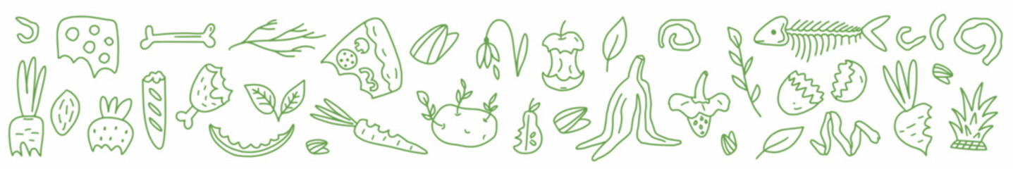 Organic waste, food compost garbage, vector illustration, hand-drawn in the style of doodles