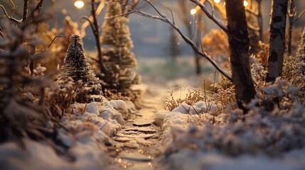 A small model of a snowy path in the woods