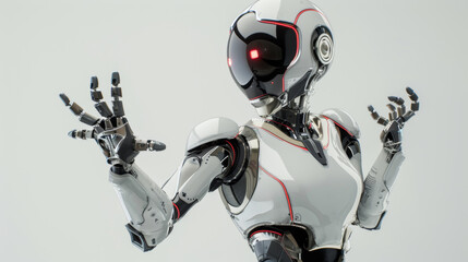 A robot that is standing up with his hands in the air