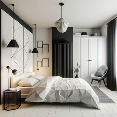  minimalist bedroom interior in  black and white colors 