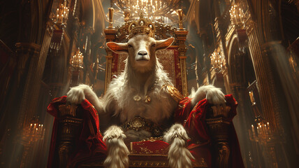 a majestic white goat crowned and seated regally on a throne - obrazy, fototapety, plakaty