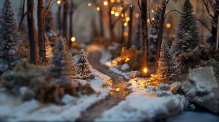 A model of a snowy forest with trees and lights
