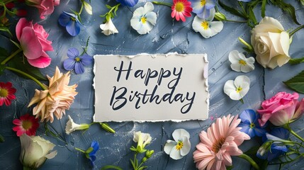 A piece of paper with the words happy birthday written on it surrounded by flowers