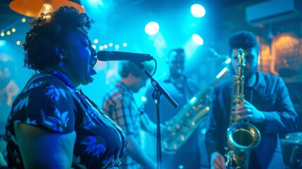 Obraz premium A woman singing into a microphone with a band behind her