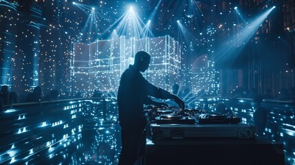 A dj in front of a stage with lights
