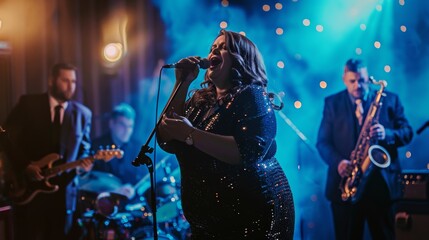 A woman in a sequin dress singing into a microphone
