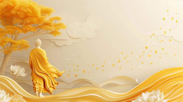 Serene Buddha Statue and bodhi tree in Golden and white Landscape
