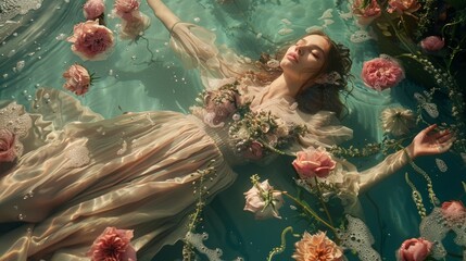 A woman laying in a pool of water surrounded by flowers