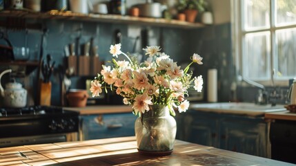 A vase of flowers sitting on top of a wooden table