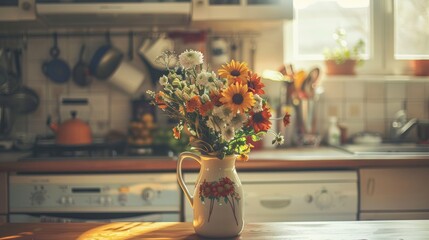 A vase of flowers sitting on top of a kitchen counter