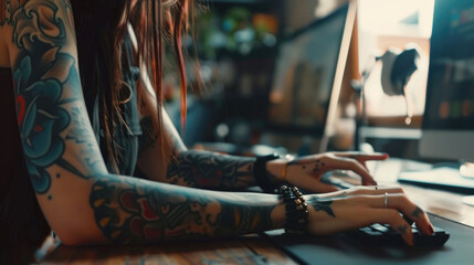 Close-Up of Tattooed Woman Bringing Design Ideas to Life on Computer