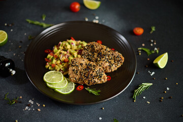 pieces of Organic grilled Tuna fillet covered with sesame seeds and salsa on black ceramic plate