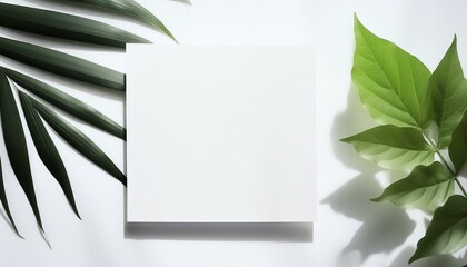 Eco-Friendly Design: Square Paper Mockup Featuring Realistic Shadow of Tropical Greenery