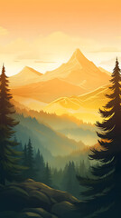 Golden Glow in the Mountain, Pine Forest Vista, Realistic Mountains Landscape. Vector Background
