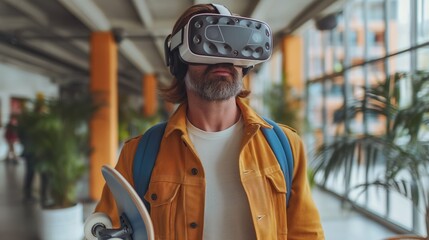 Man using a VR headset in a modern lobby, exploring virtual reality technology, concept of innovation, digital exploration, and futuristic gaming