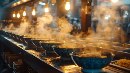 Obraz premium A long counter with many bowls of steaming hot ramen
