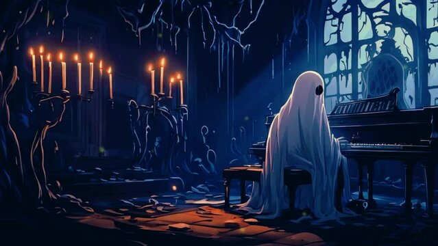 ghost playing the piano in a haunted mansion, with cobwebs and flickering candles adding to the atmosphere, 4k High-Quality anime-style animations video