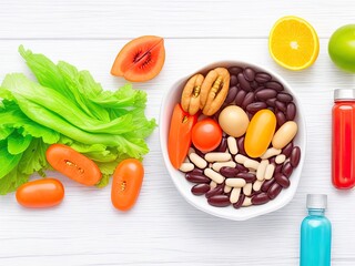 Concept of health in medicine. vitamin and nutritional supplements in the form of nutrient pills containing fruit, vegetables, nuts, and beans.