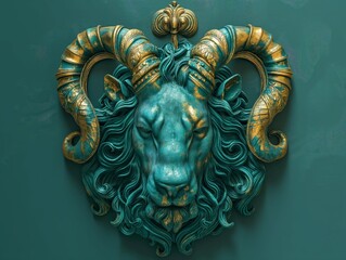 A detailed sculpture of a lions head with ornate, curling horns against a dark background.