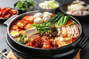 Front view of Kimchi Hot Pot featuring a bubbling Korean. Generative Ai
