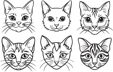 Set of cat heads. illustration in black and white colors.