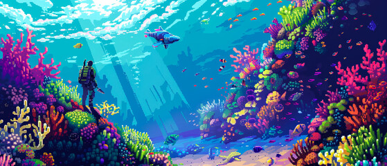 Coral reef adventure pixel art assassin in action