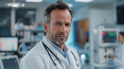 Obraz premium Experienced male doctor monitors patients heart using medical technology and innovation. Concept Healthcare Innovation, Male Doctor, Heart Monitoring, Medical Technology, Patient Care