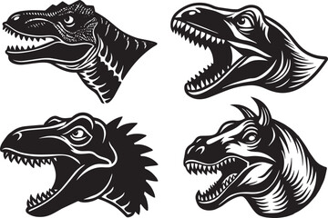 Dinosaur head set in black and white colors. Vector illustration.