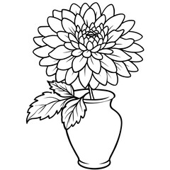 Chrysanthemum flower on the vase outline illustration coloring book page design, Chrysanthemum flower on the vase black and white line art drawing coloring book pages for children and adults