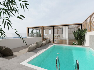 casa de estilo moderno minimalista . muebles de diseño y terraza con piscina