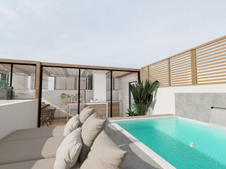 casa de estilo moderno minimalista . muebles de diseño y terraza con piscina