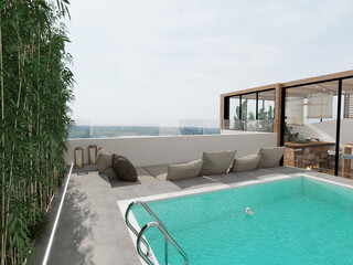 casa de estilo moderno minimalista . muebles de diseño y terraza con piscina