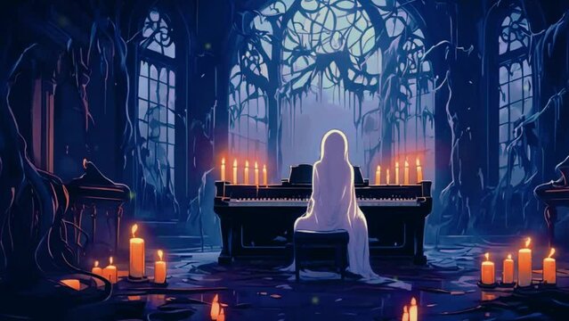 ghost playing the piano in a haunted mansion, with cobwebs and flickering candles adding to the atmosphere, 4k High-Quality anime-style animations video